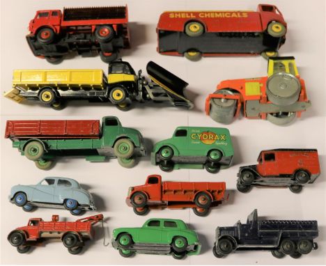 12 Dinky Toys. Guy Warrior with snow plough, AEC Monarch, Shell Chemicals, Leyland Lorry with tailboard, Royal Mail Van, Avel