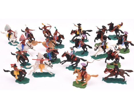 20 Timpo Cowboys and Indians. Including 10x mounted cowboys carrying various weaponry, mixed brown, black or white horses mou