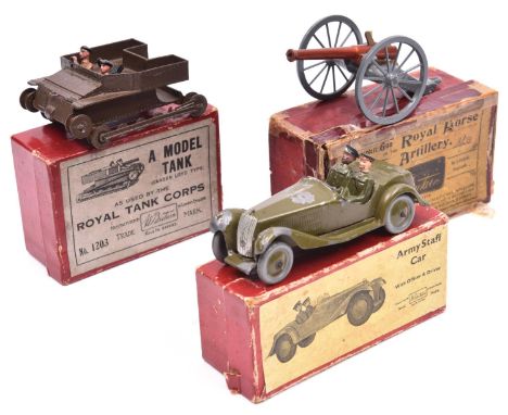 3 Britains 1930s Military vehicles. An army staff car (1448). Britains Royal Horse Artillery gun. Carden Loyd type tank (1203