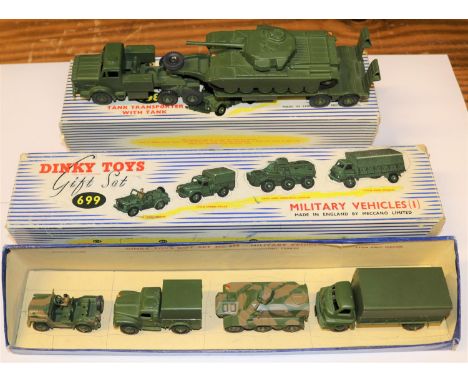 2 Dinky, A Supertoys Gift Set 698 Tank Transporter With Tank (698). Both in olive green. Boxed, with packing , minor wear onl