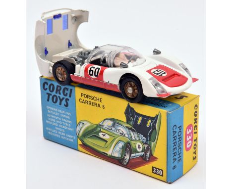 Corgi Toys Porsche Carrera 6 (330). In white and red, RN60, with blue rear window and white gold washed cast wheels and thick