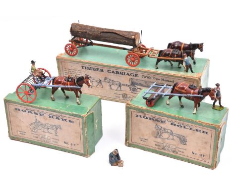 3x Britains Home farm series. 9F Horse Roller, comprising roller, horse and figure. 8F Horse rake comprising horse, rake and 