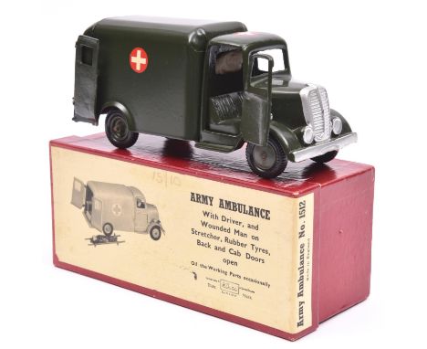 A Britains Army Ambulance with driver and wounded man on stretcher. No.1512. Vehicle in gloss olive green with crosses to cab