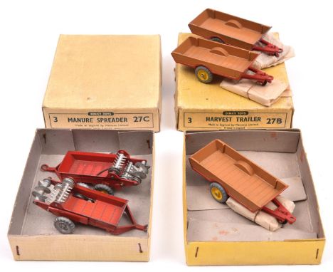 2 Dinky Toys Trade Boxes. (27B) Harvest Trailer 3-item box containing 3 Harvest Trailers in tan with red chassis and yellow w