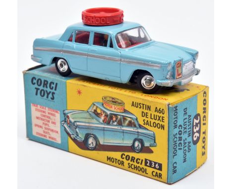 Corgi Toys Austin A60 De Luxe Saloon Motor School Car (236). Example in light blue with red interior, with wheel to roof, dis