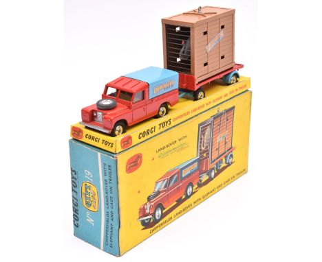 Corgi Toys Chipperfield's Land-Rover With Elephant And Cage On Trailer, Gift Set No.19. Vehicle and trailer in red/light blue