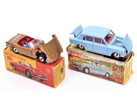 2 Dinky Toys. Triumph 1300 (162), finished in Light Blue, red interior and silver spun wheels and black tyres. Plus a Triumph