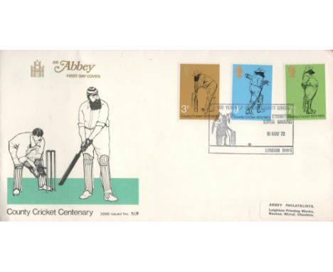 Abbey FDC, County Cricket Centenary featuring W. C. Grace. Set of three Royal Mail County Cricket Centenary stamps. Issued on