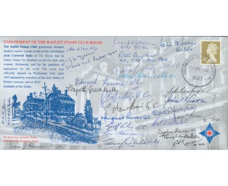 25 WW2 heroes signed Raflet 1997 Stamp cover. Aces, BOB pilots, VC, GC winners including William Walker, John Gibson, Peter A