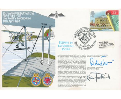 RAF WW2 Sir Richard Janvrin and K N Patrick signed '50th Anniversary of the first flight of the Fairey swordfish' FDC. Good c