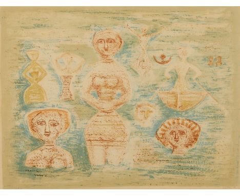 Massimo Campigli (Italian, 1895-1971). Lithograph titled "Le Bagnati," depicting swimmers submerged in water, 1955. Pencil si