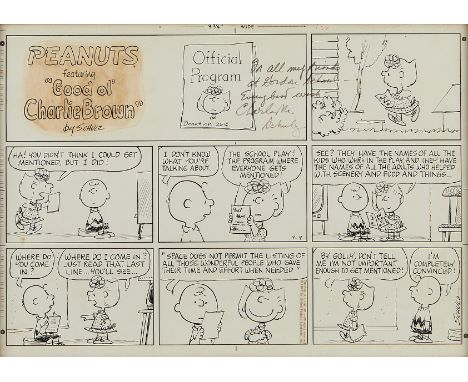 Charles Schulz (American, 1922-2000). Original "Peanuts" comic strip, the daily strip for Sunday, September 9, 1973. Black in