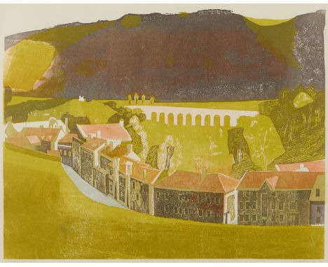 Sheila Robinson (British, 1935-1988). Silkscreen on paper titled "Monketon Coombe" depicting a village nestled amongst green 