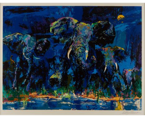 LeRoy Neiman (American, 1921-2012). Serigraph on paper titled "Elephant Nocturne," depicting a heard of elephants at a wateri