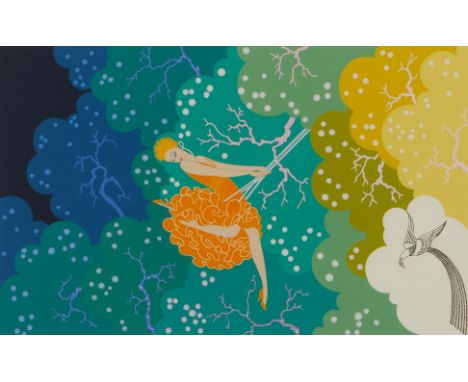 Erte (Romain de Tirtoff) (French, 1892-1990). Art deco serigraph titled "The Swing," depicting a woman in a orange dress swin