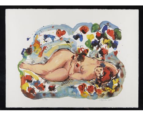 Nic Jonk (Dutch, 1928-1995). Lithograph print on paper depicting a female nude laying amidst splashes of color. Signed and da