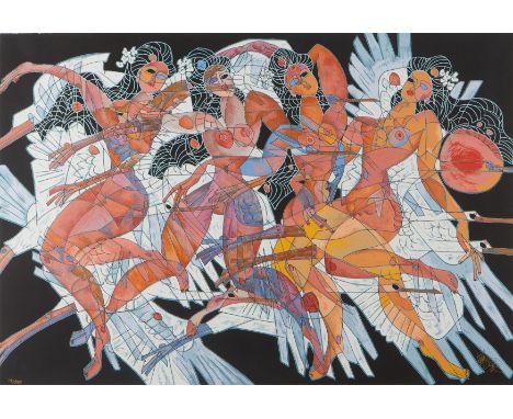 Tiefeng Jiang (Chinese, b. 1938). Serigraph on paper titled "To Soar," depicting four nude women surrounded by birds against 