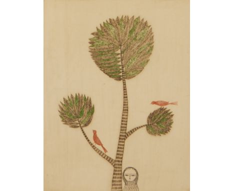 Keiko Minami (Japanese, 1911-2004). Etching titled "The Two Birds," depicting two red birds in a tree with a figure standing 