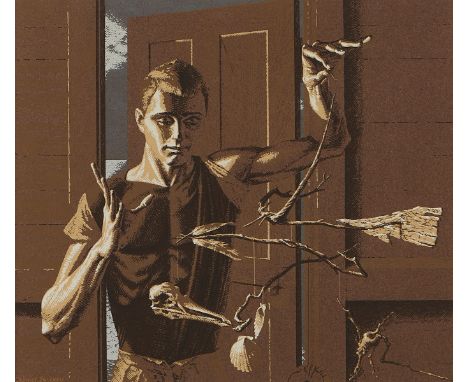 Paul Cadmus (American, 1904-1999). Serigraph on brown paper titled "Mobile," depicting a young man holding a homemade mobile,