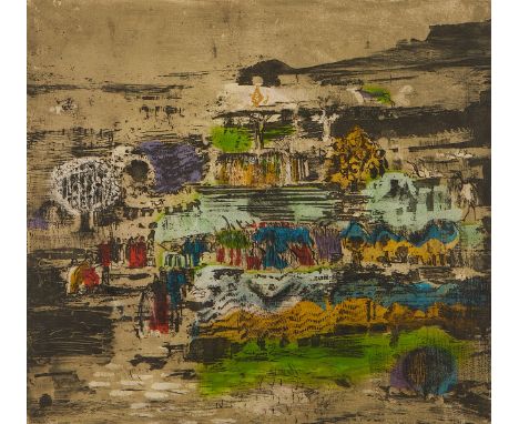 Malcolm Haynie Myers (American, 1917-2002). Etching titled "Hundred Guilder," depicting an abstract expressionist scene of a 