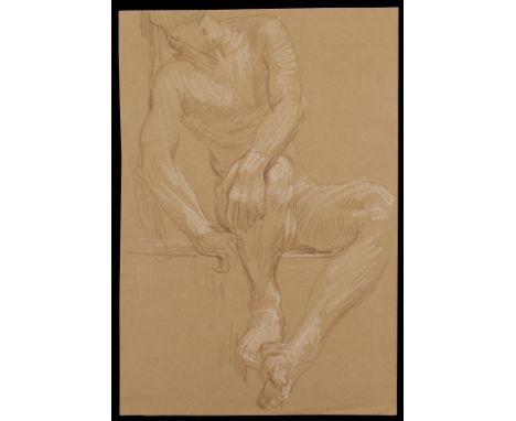 Paul Cadmus (American, 1904-1999). Two color crayon on paper drawing depicting a seated male nude along one side and a sketch