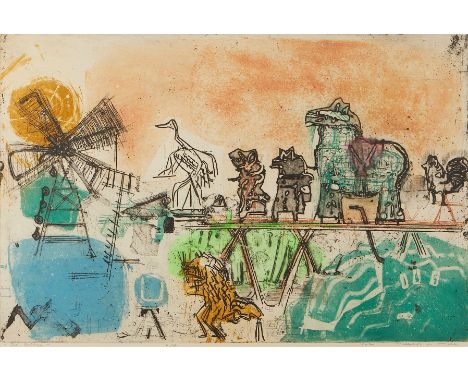 Malcolm Haynie Myers (American, 1917-2002). Etching titled "The Bridge," depicting an abstract expressionist scene of animals