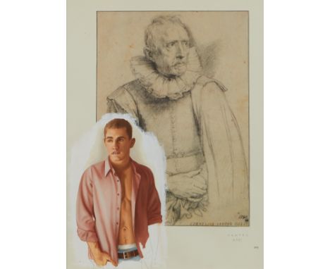 Wes Hempel (American, b. 1953). Gesso, oil, and graphite on book page titled "Page 205 (Van Dyck Series," depicting a youthfu