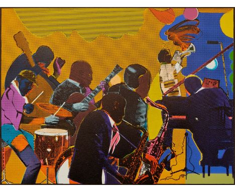 Romare Howard Bearden (American, 1911-1988). Color etching titled "Out Chorus," depicting a jazz band, ca. 1979-80. Pencil si