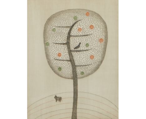 Keiko Minami (Japanese, 1911-2004). Etching titled "Apple Tree," depicting a bird perched in a tree with a cow in the backgro