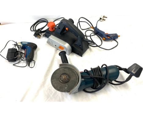 Draper mini cordless drill, Challenge electric planer, Bosik glue gun, black and Decler 4.5 " angle grinder working order