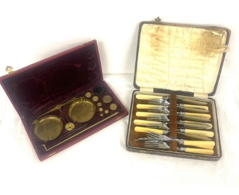 Vintage cased scales and weights and cased silver plated cutlery set 