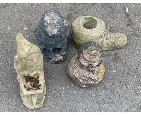 4 vintage concrete garden ornaments to include gnome, boot etc
