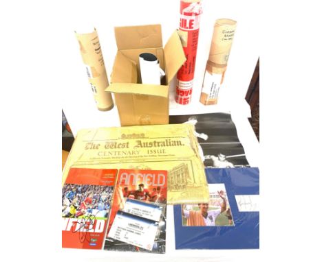 Selection of mainly football and cricket memorabilia including signed prints of Geoff Hurst and Martin Peters, George Cohen, 