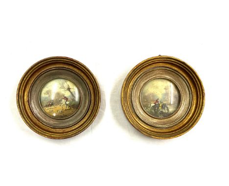 2 Vintage framed hunting scene miniature paintings signed Holds each measures 5" diameter