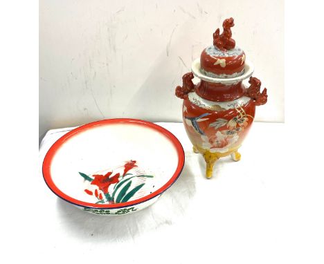 Chinese cask with lid and enamel dish, cask measures approx 16" tall