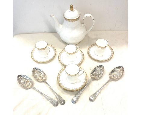 Royal Doulton Gold Lace Coffee pot together with 4 cups and saucers, with 4 silver plated fruit spoons