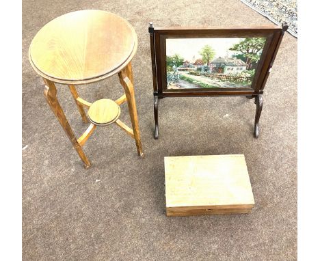 Vintage fire screen, occasional table and writing slope, table measures 29" tall 16" diameter