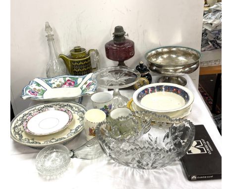 Selection of miscellaneous items to include oil lamp, serving plates, glassware etc 