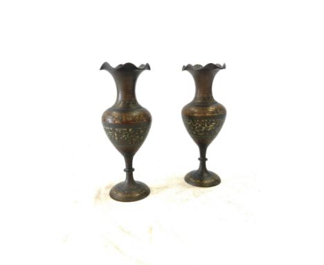 Pair vintage brass and enamel vases, approximate height of each vase: 18cm