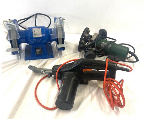 Bench grinder, Black and Decker belt sander, Bosch router, all in working order 