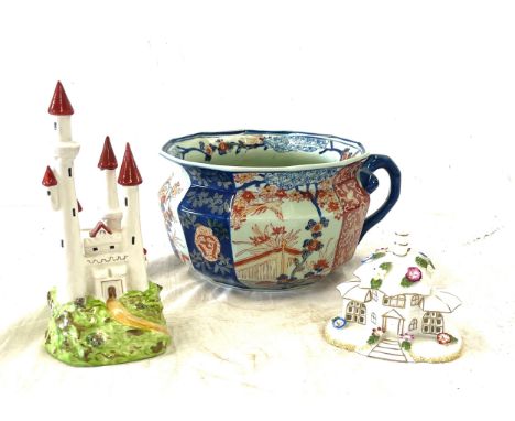 Vintage Oriental potty with markings to base, Coalport The parasol house, one other ornament 