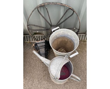 Galvanished watering can, bucket, hopper and wheel 