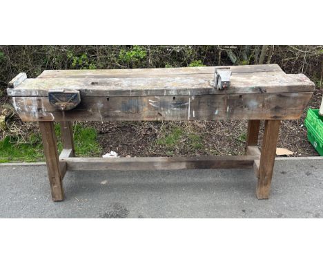 Vintage workbench with vices attached, wooden 192, one othre, approximate measurement of bench Height 35 inches,  Width 72 in