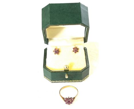 9ct Gold Ruby set ring and earrings, ring size approx Q