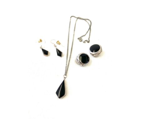 Vintage Sterling silver and Whitby Jet pendant and 2 pairs of earrings