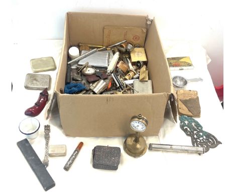 Box of collectables including vintage pens, pen knives, cigarette cases etc 