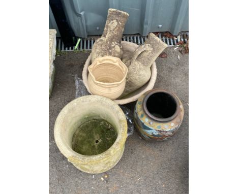 Selection of vintage concrete and ceramic garden planters 