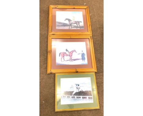 3 large framed horse racing prints largest measures 33" wide by 29" tall