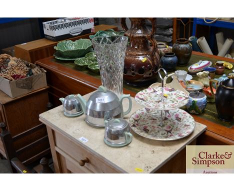 A two tier cake plate together with a quantity of art deco teaware and a cut glass vase