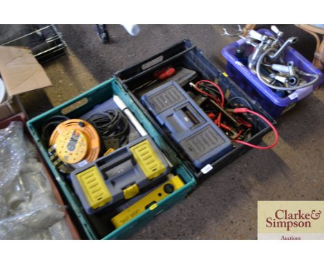 Two plastic crates and contents of various hand tools and tool boxes and contents